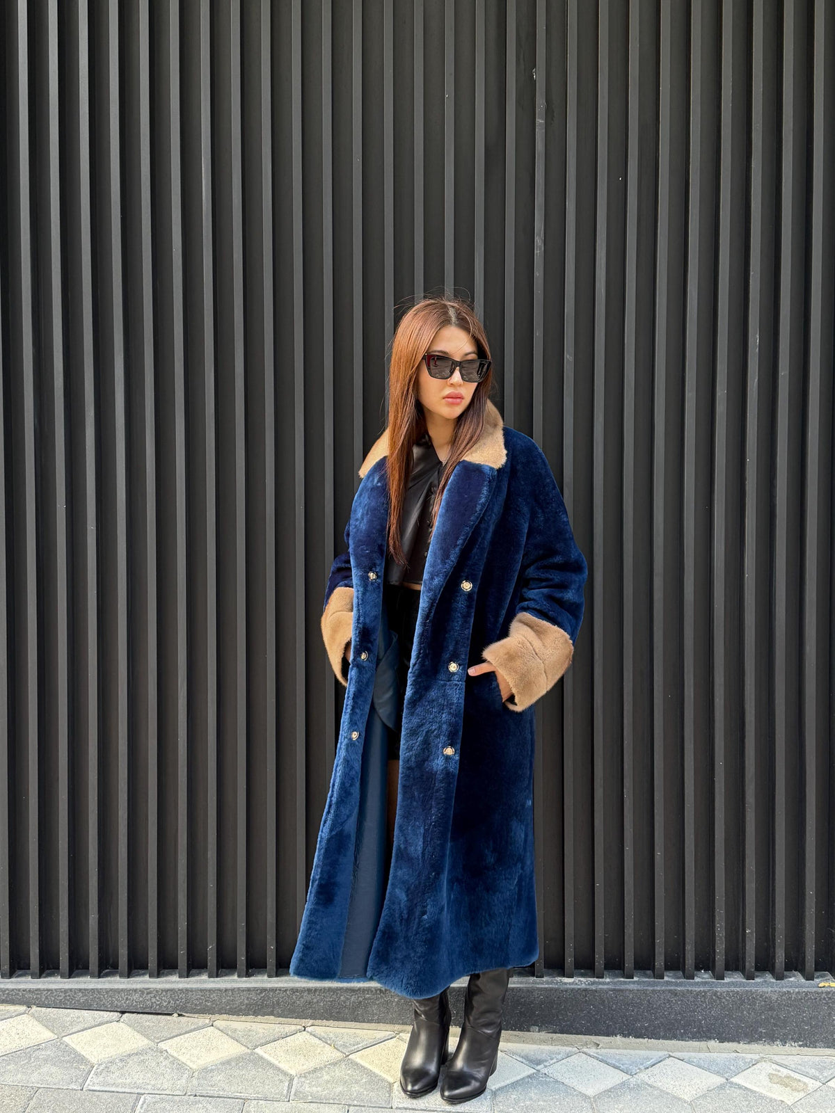 Navy Blue Long Astrakhan Coat, Premium Women’s Collar & Cuffs Mink Fur Shearling Jacket. LIMITED EDITION