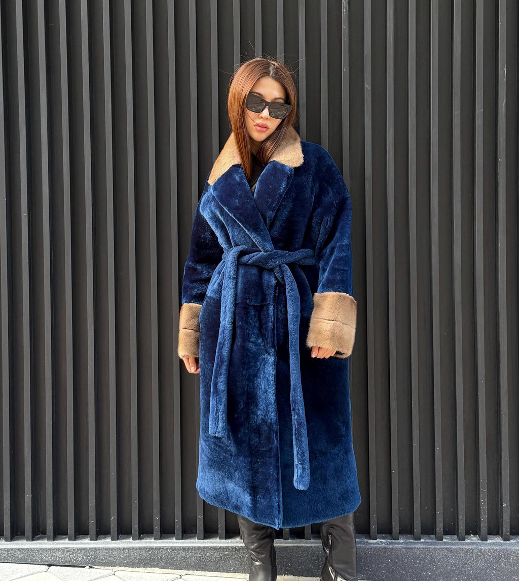Navy Blue Long Astrakhan Coat, Premium Women’s Collar & Cuffs Mink Fur Shearling Jacket. LIMITED EDITION