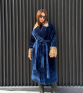 Navy Blue Long Astrakhan Coat, Premium Women’s Collar & Cuffs Mink Fur Shearling Jacket. LIMITED EDITION