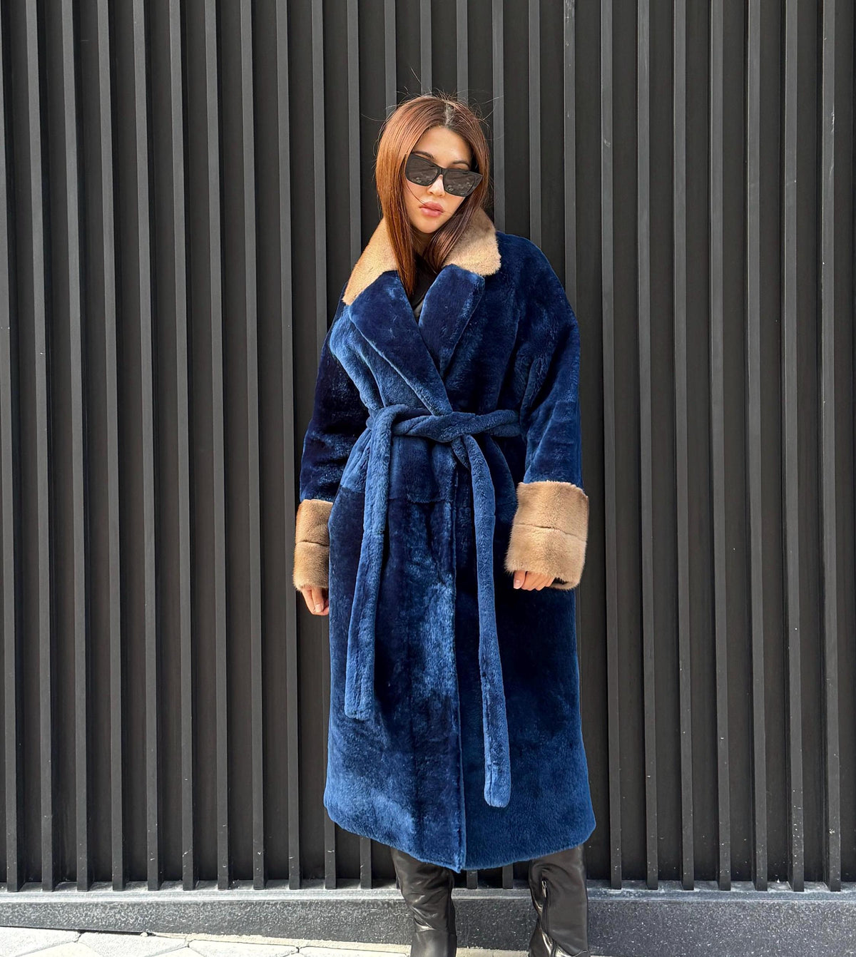 Navy Blue Long Astrakhan Coat, Premium Women’s Collar & Cuffs Mink Fur Shearling Jacket. LIMITED EDITION