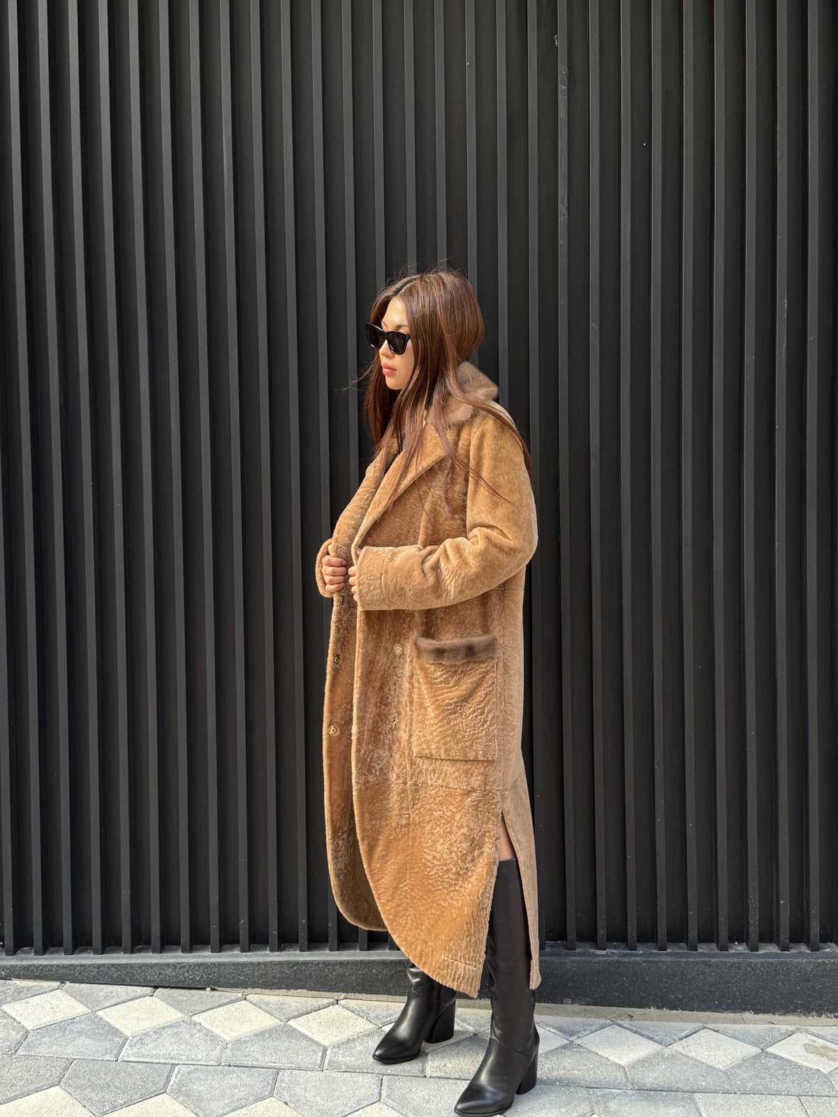 Camel Long Astrakhan Coat, Premium Women’s Collar Mink Fur Shearling Jacket. LIMITED EDITION