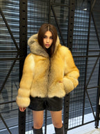 Women’s Gold Fox Fur Jacket, Handmade Short Hooded Golden Fur Coat