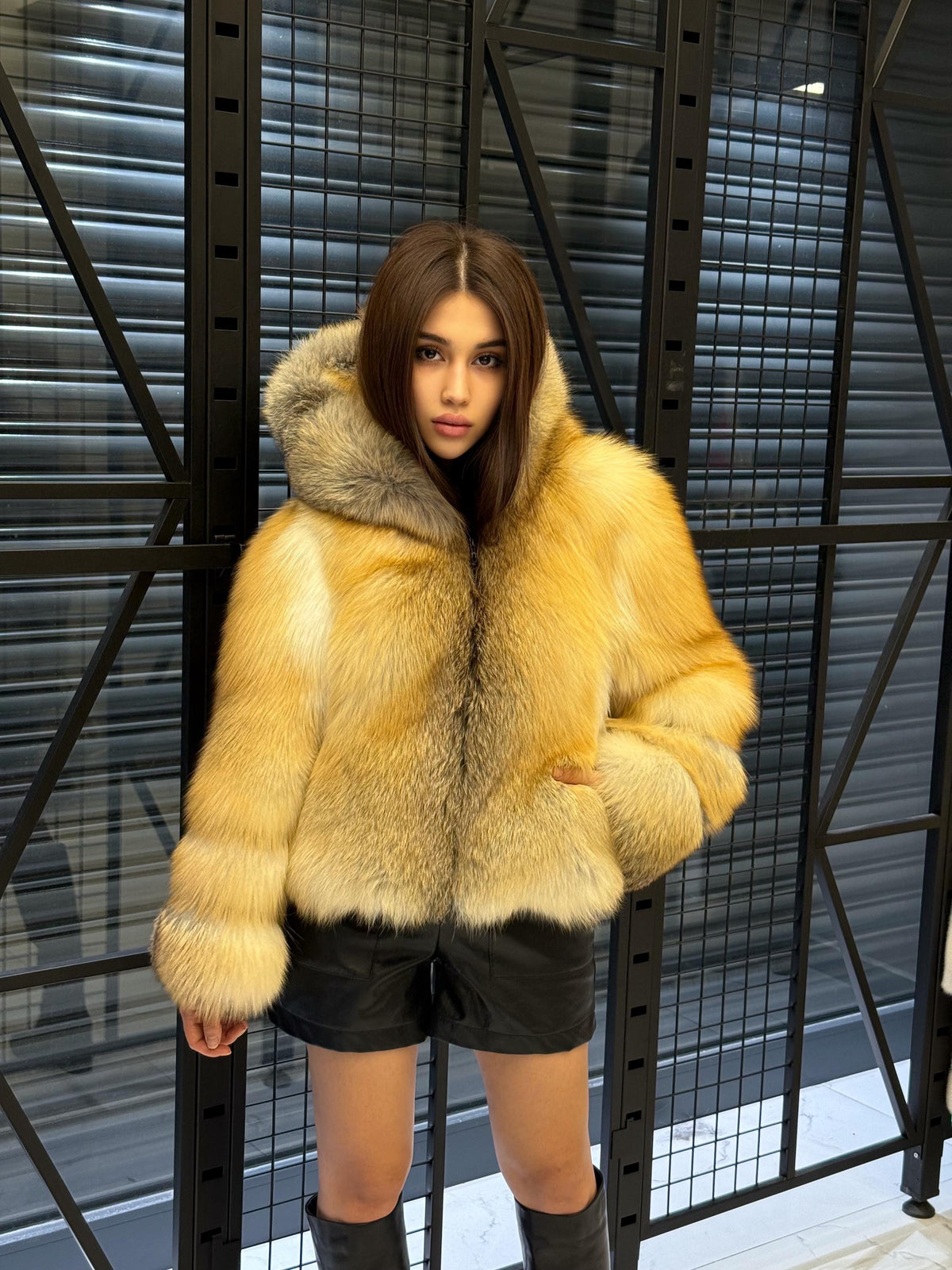 Women’s Gold Fox Fur Jacket, Handmade Short Hooded Golden Fur Coat