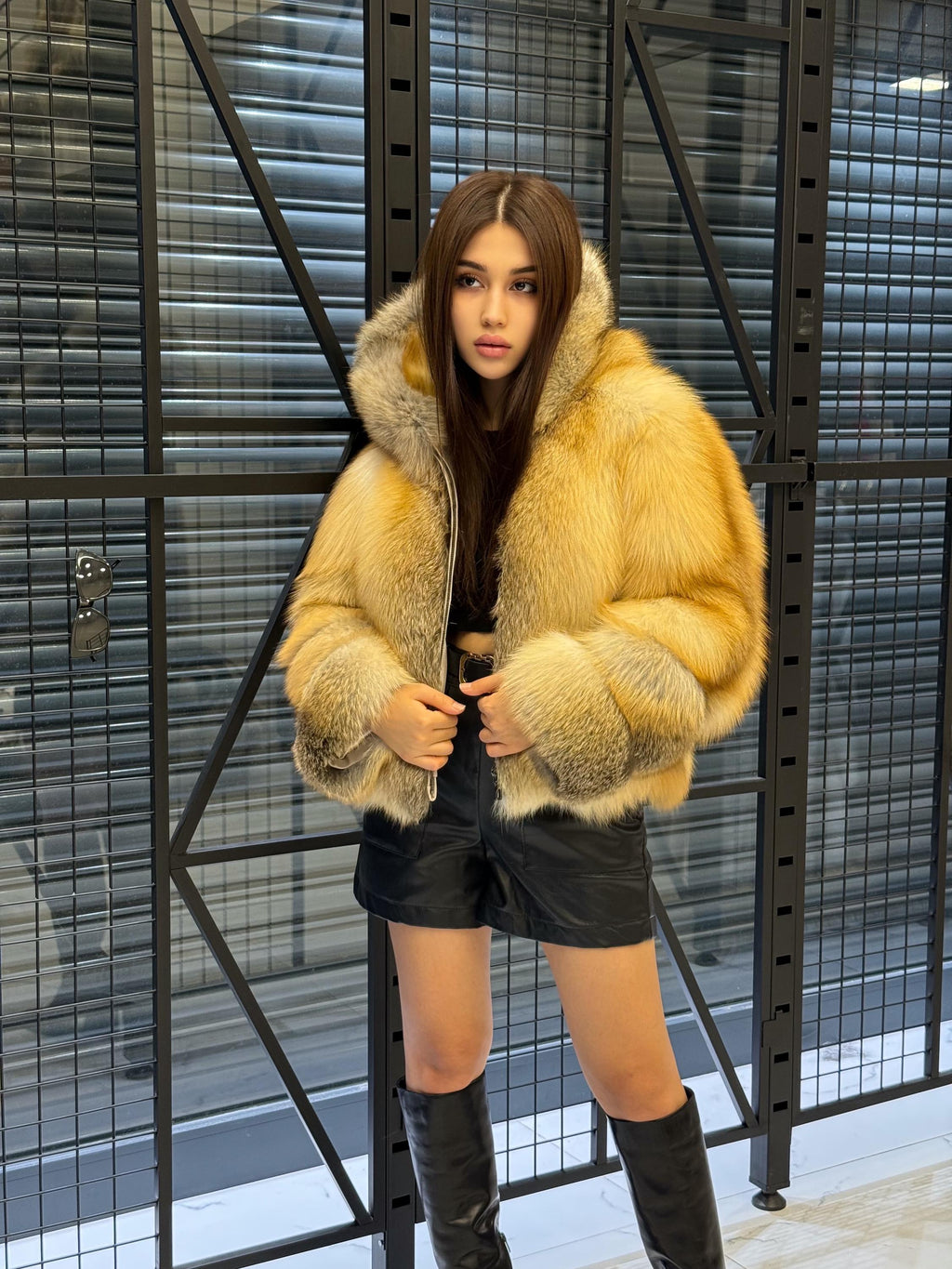 Women’s Gold Fox Fur Jacket, Handmade Short Hooded Golden Fur Coat