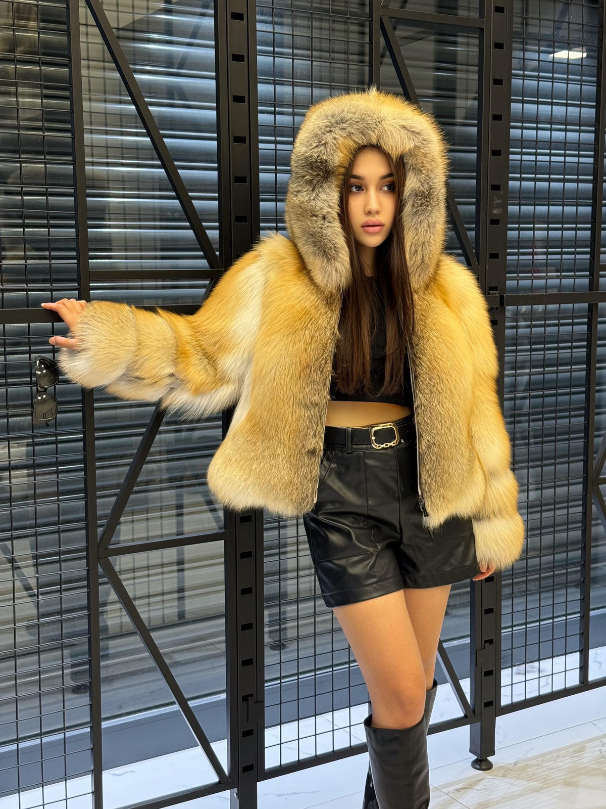 Women’s Gold Fox Fur Jacket, Handmade Short Hooded Golden Fur Coat