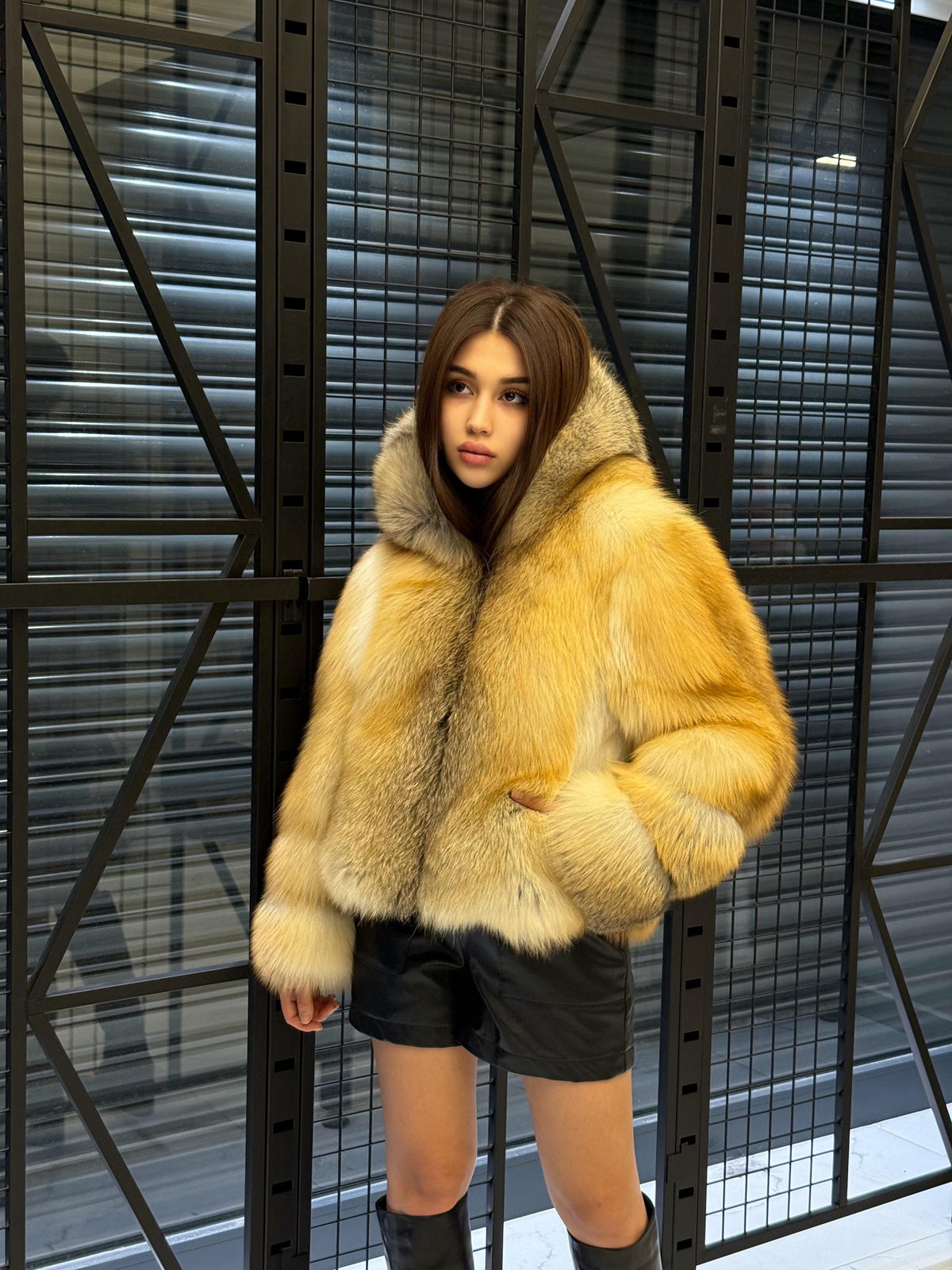 Women’s Gold Fox Fur Jacket, Handmade Short Hooded Golden Fur Coat