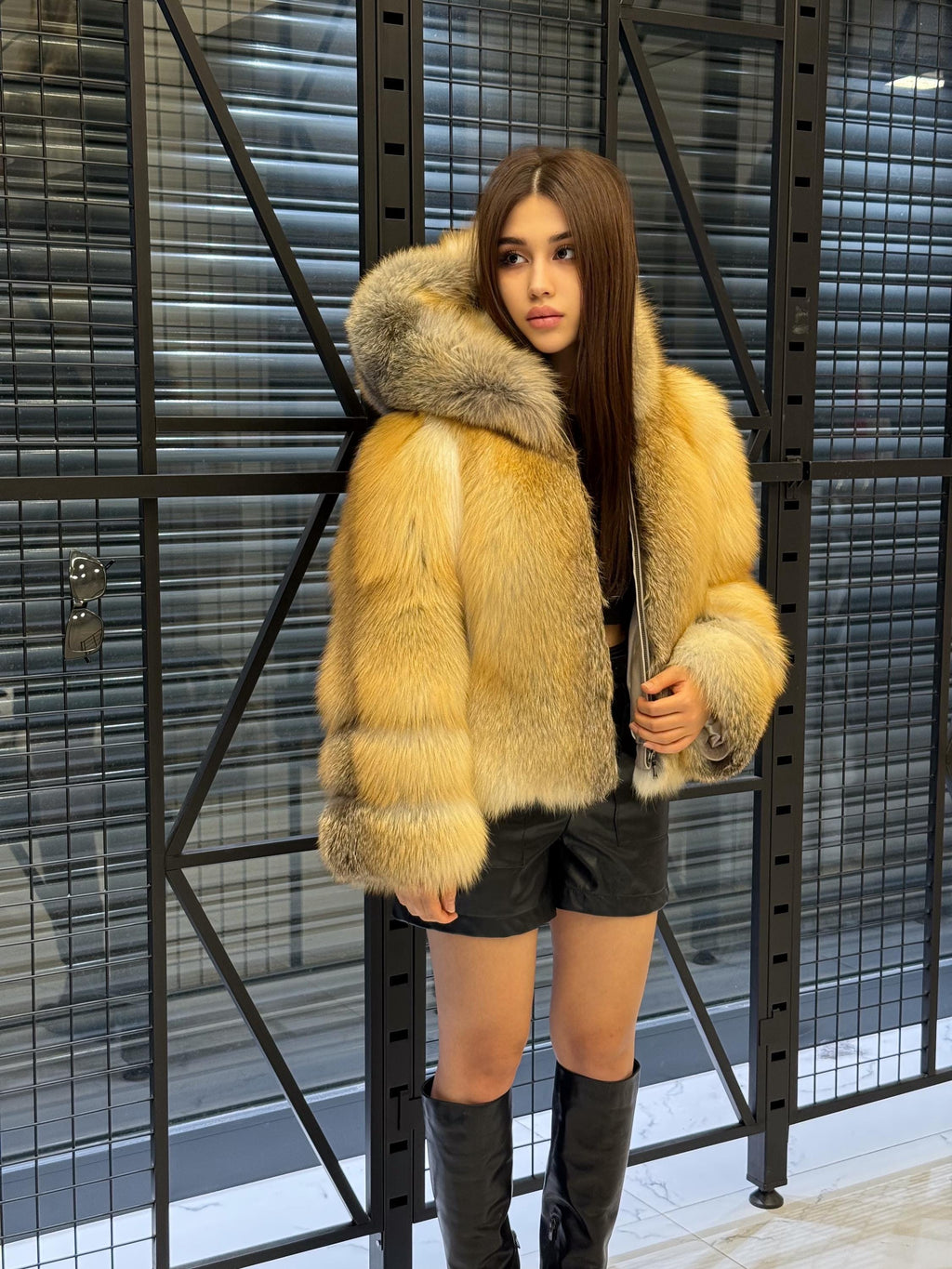 Women’s Gold Fox Fur Jacket, Handmade Short Hooded Golden Fur Coat