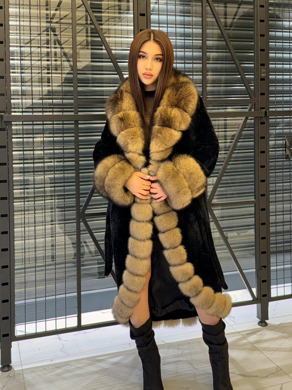 Black Long Alcantara Coat. Front & Cuffs Fox Fuf Jacket, Women Fox Fur Jacket. Brown Fox Fur Coat./ Fox Fur
