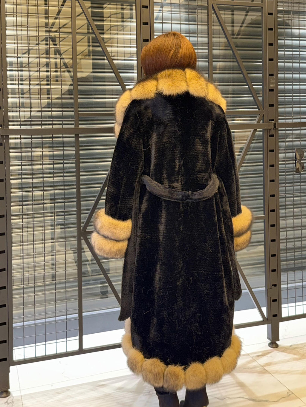 Black Long Alcantara Coat. Front & Cuffs Fox Fuf Jacket, Women Fox Fur Jacket. Brown Fox Fur Coat./ Fox Fur