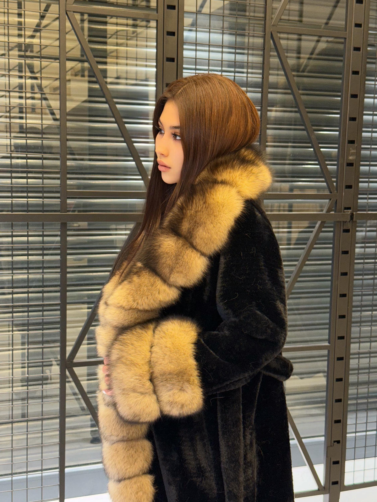 Black Long Alcantara Coat. Front & Cuffs Fox Fuf Jacket, Women Fox Fur Jacket. Brown Fox Fur Coat./ Fox Fur