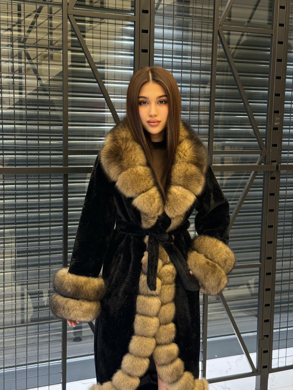 Black Long Alcantara Coat. Front & Cuffs Fox Fuf Jacket, Women Fox Fur Jacket. Brown Fox Fur Coat./ Fox Fur