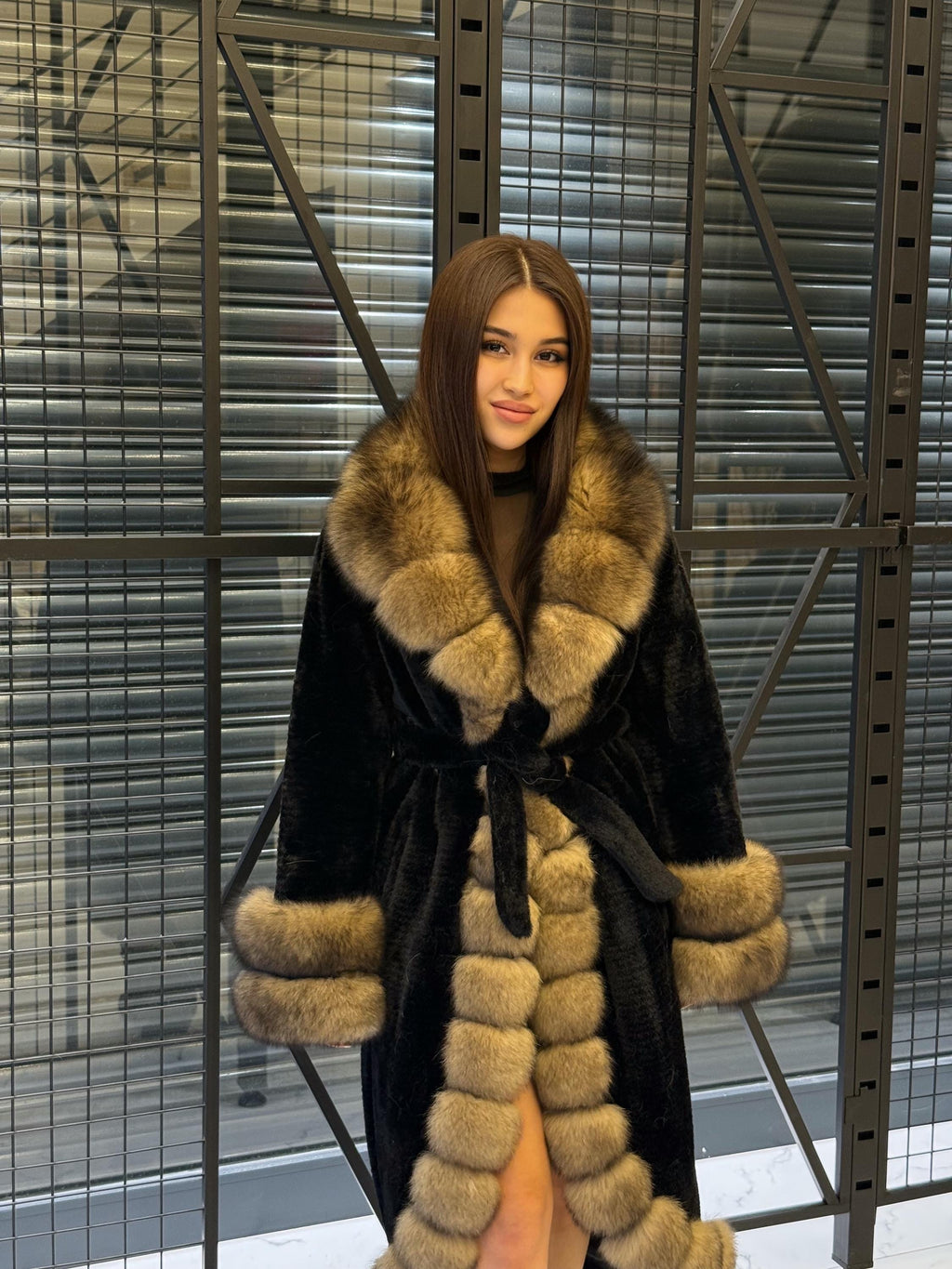 Black Long Alcantara Coat. Front & Cuffs Fox Fuf Jacket, Women Fox Fur Jacket. Brown Fox Fur Coat./ Fox Fur