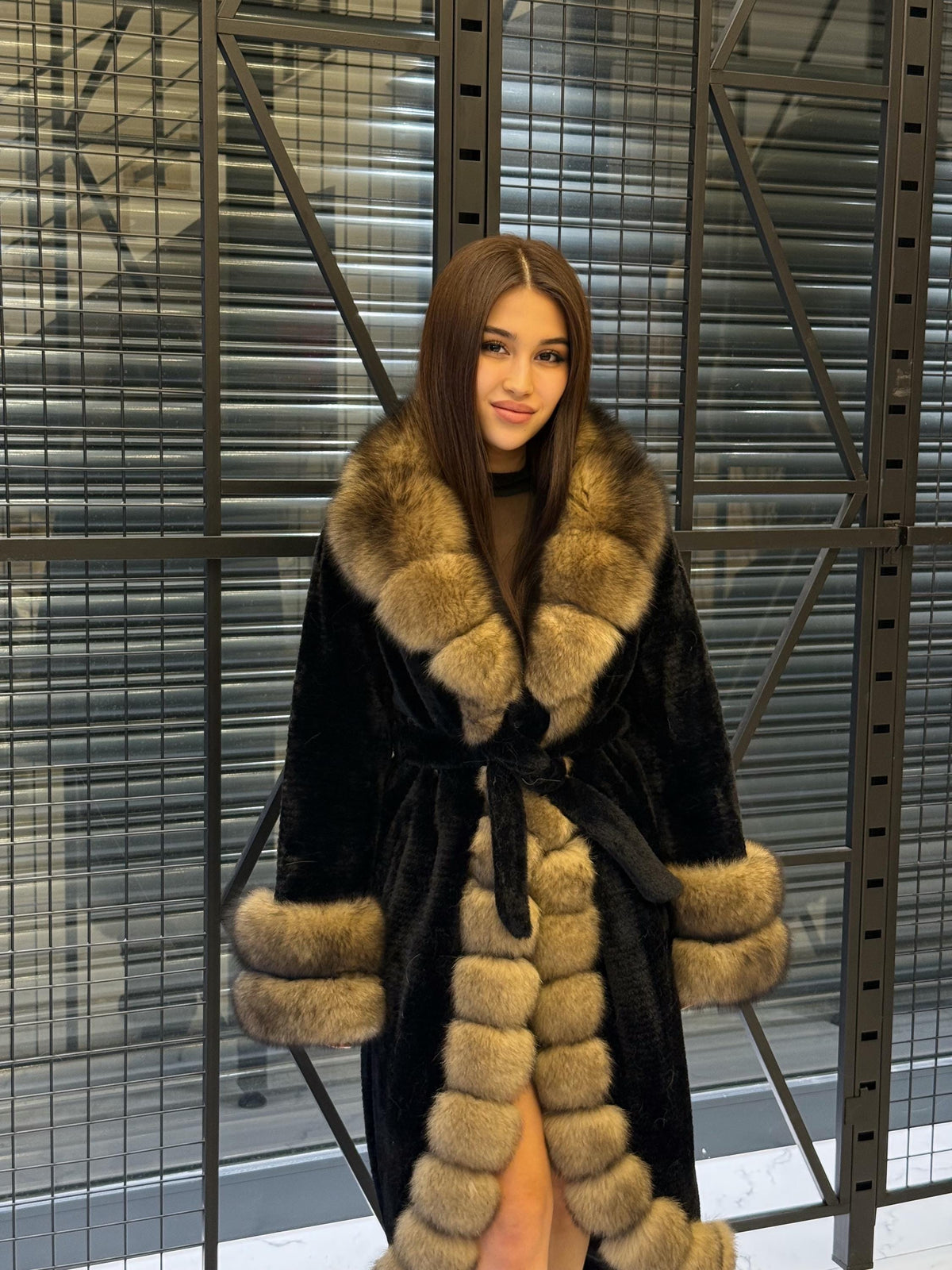 Black Long Alcantara Coat. Front & Cuffs Fox Fuf Jacket, Women Fox Fur Jacket. Brown Fox Fur Coat./ Fox Fur