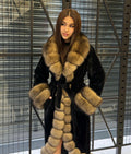 Black Long Alcantara Coat. Front & Cuffs Fox Fuf Jacket, Women Fox Fur Jacket. Brown Fox Fur Coat./ Fox Fur