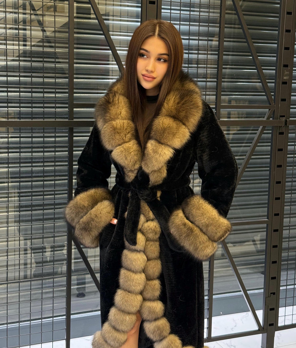 Black Long Alcantara Coat. Front & Cuffs Fox Fuf Jacket, Women Fox Fur Jacket. Brown Fox Fur Coat./ Fox Fur