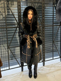 Black Hooded Shearling Coat Fox Fur Trim, Luxury Long Winter Lamb Fur Jacket