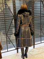Black Hooded Shearling Coat Fox Fur Trim, Luxury Long Winter Lamb Fur Jacket