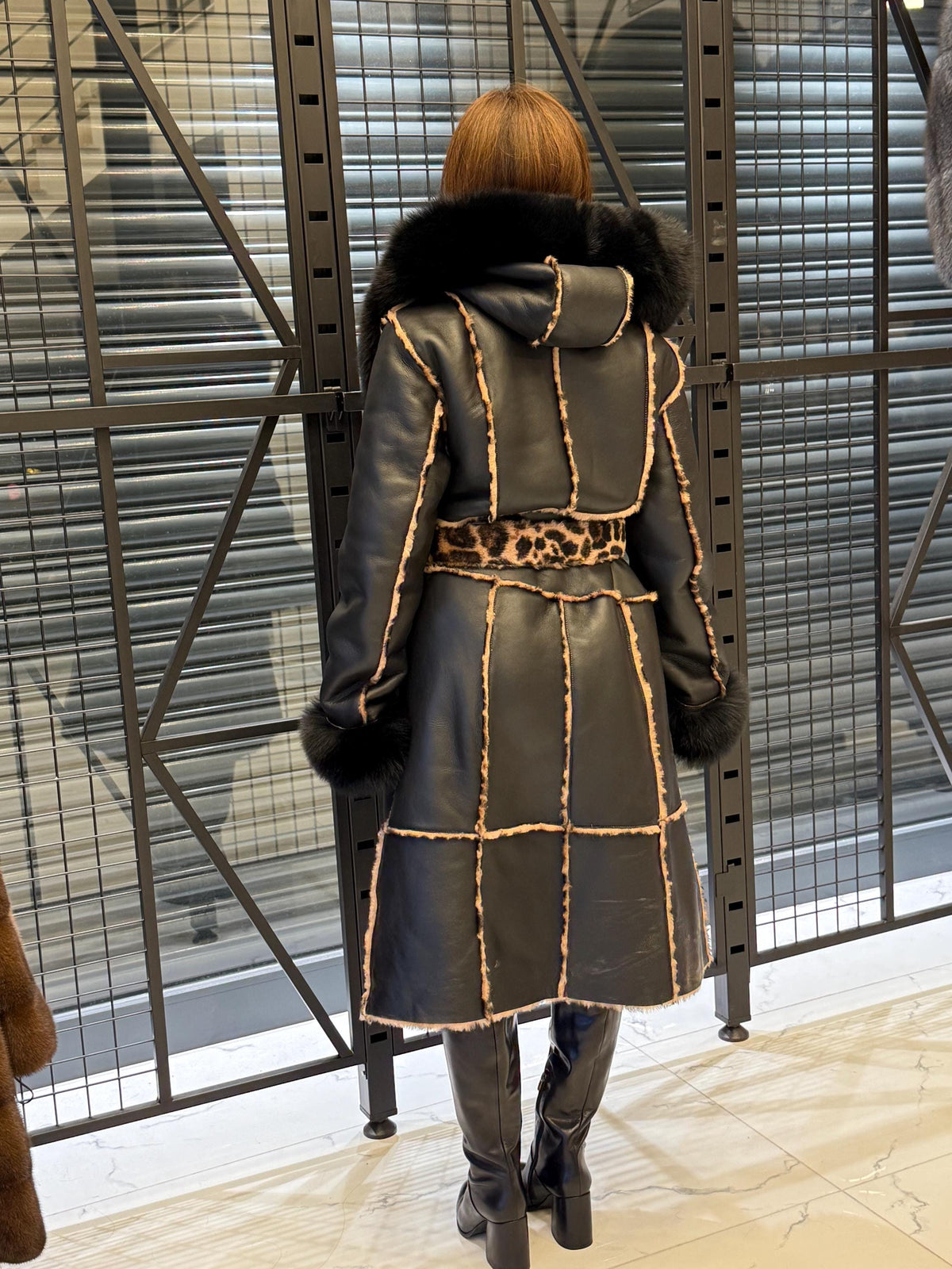 Black Hooded Shearling Coat Fox Fur Trim, Luxury Long Winter Lamb Fur Jacket