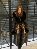 Black Hooded Shearling Coat Fox Fur Trim, Luxury Long Winter Lamb Fur Jacket