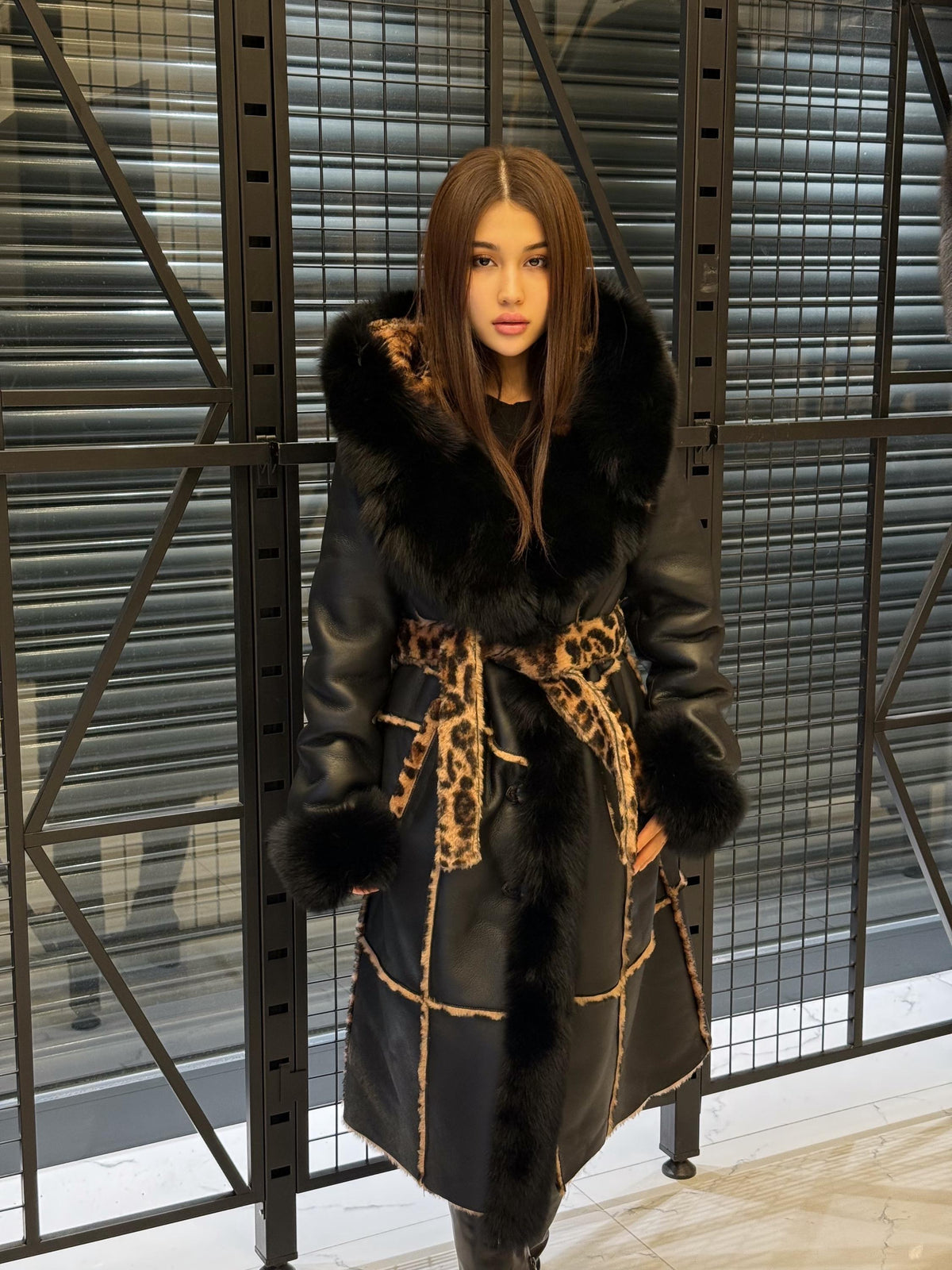 Black Hooded Shearling Coat Fox Fur Trim, Luxury Long Winter Lamb Fur Jacket