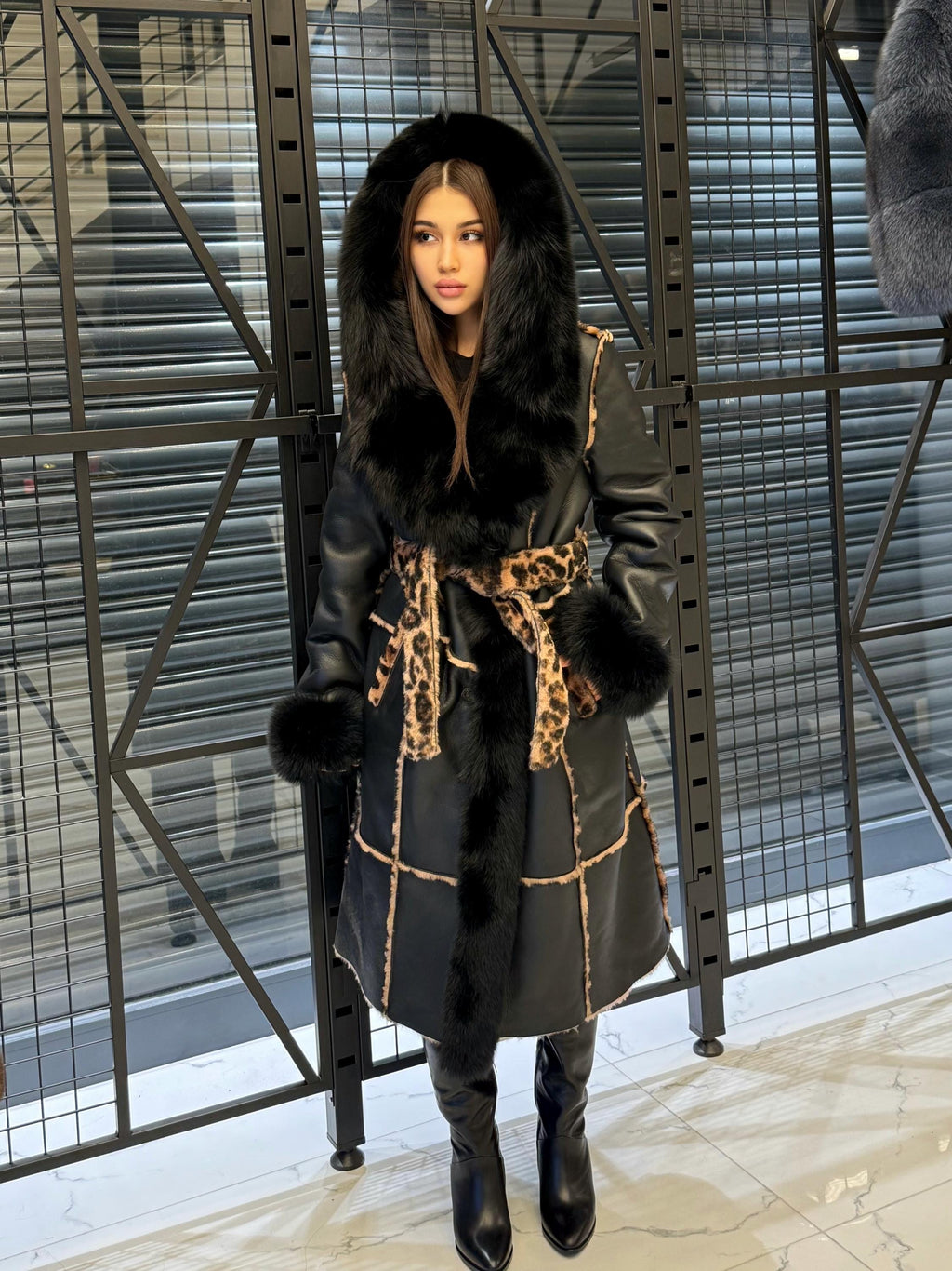 Black Hooded Shearling Coat Fox Fur Trim, Luxury Long Winter Lamb Fur Jacket