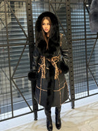 Black Hooded Shearling Coat Fox Fur Trim, Luxury Long Winter Lamb Fur Jacket