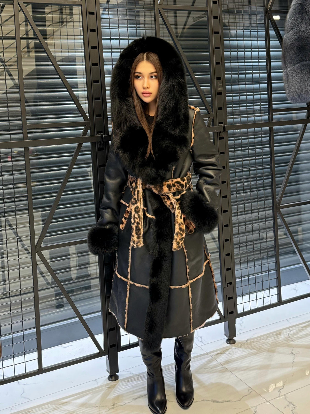 Black Hooded Shearling Coat Fox Fur Trim, Luxury Long Winter Lamb Fur Jacket