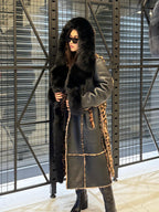Black Hooded Shearling Coat Fox Fur Trim, Luxury Long Winter Lamb Fur Jacket