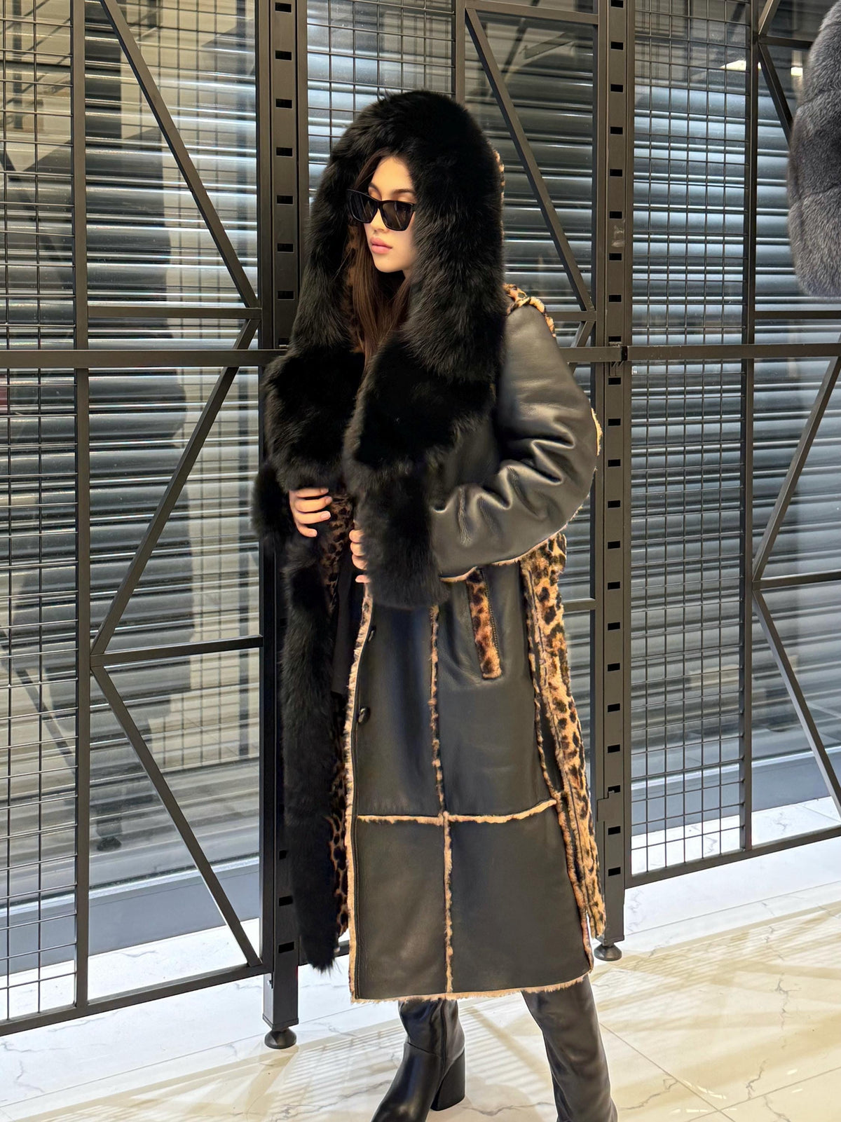 Black Hooded Shearling Coat Fox Fur Trim, Luxury Long Winter Lamb Fur Jacket