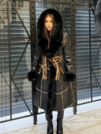 Black Hooded Shearling Coat Fox Fur Trim, Luxury Long Winter Lamb Fur Jacket