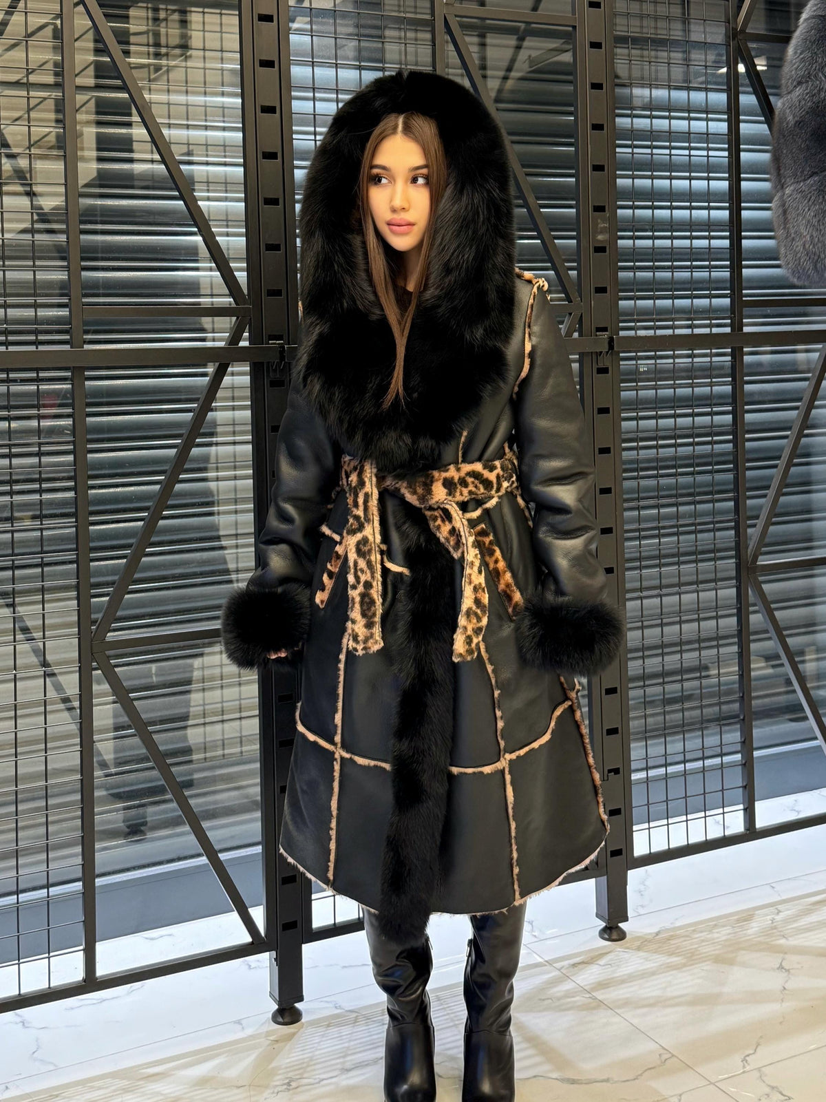 Black Hooded Shearling Coat Fox Fur Trim, Luxury Long Winter Lamb Fur Jacket