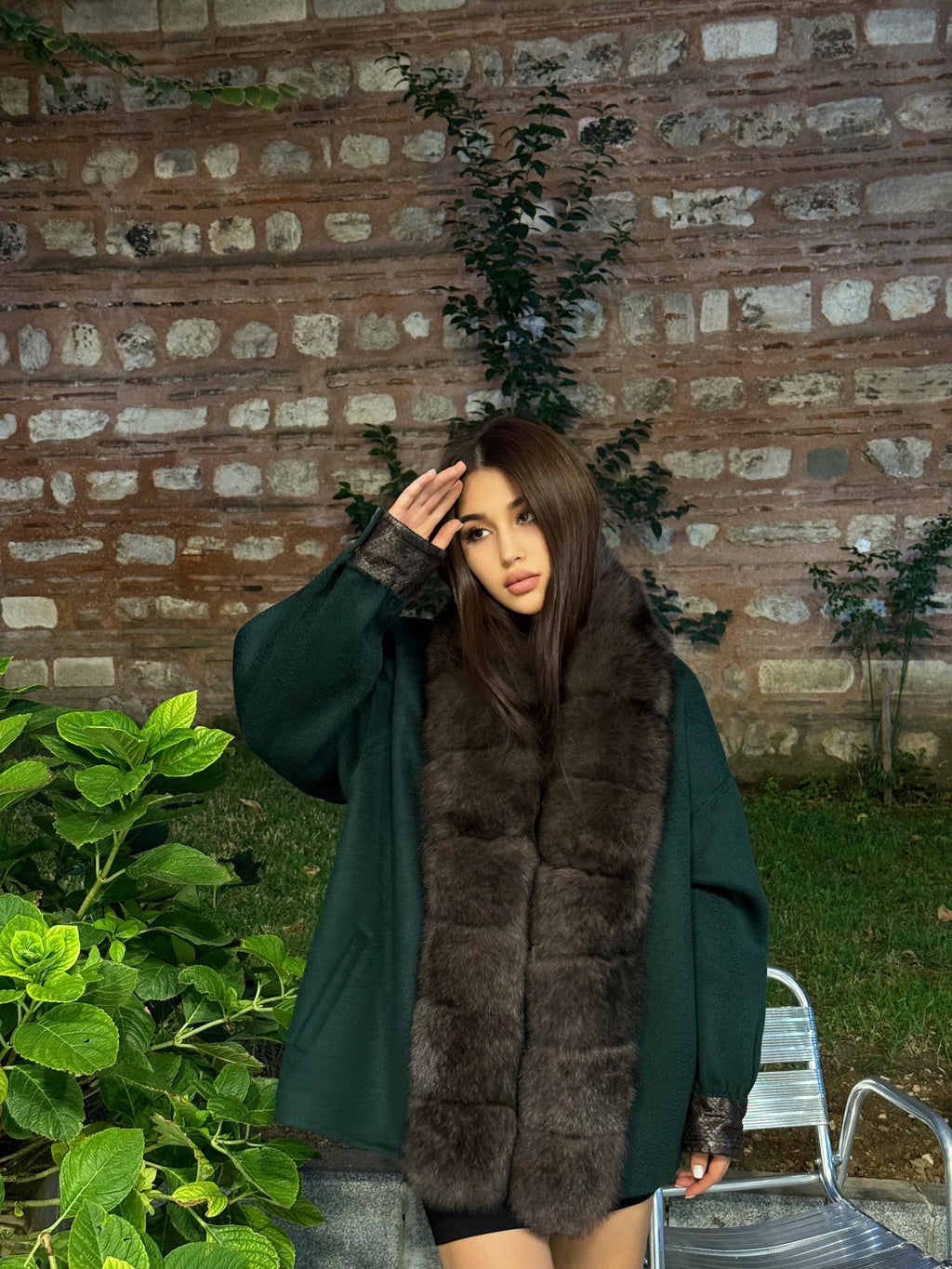 Emerald Green Zibellino Alpaca Jacket, Women’s Handmade Short Virgin Wool & Front Fox Fur Coat