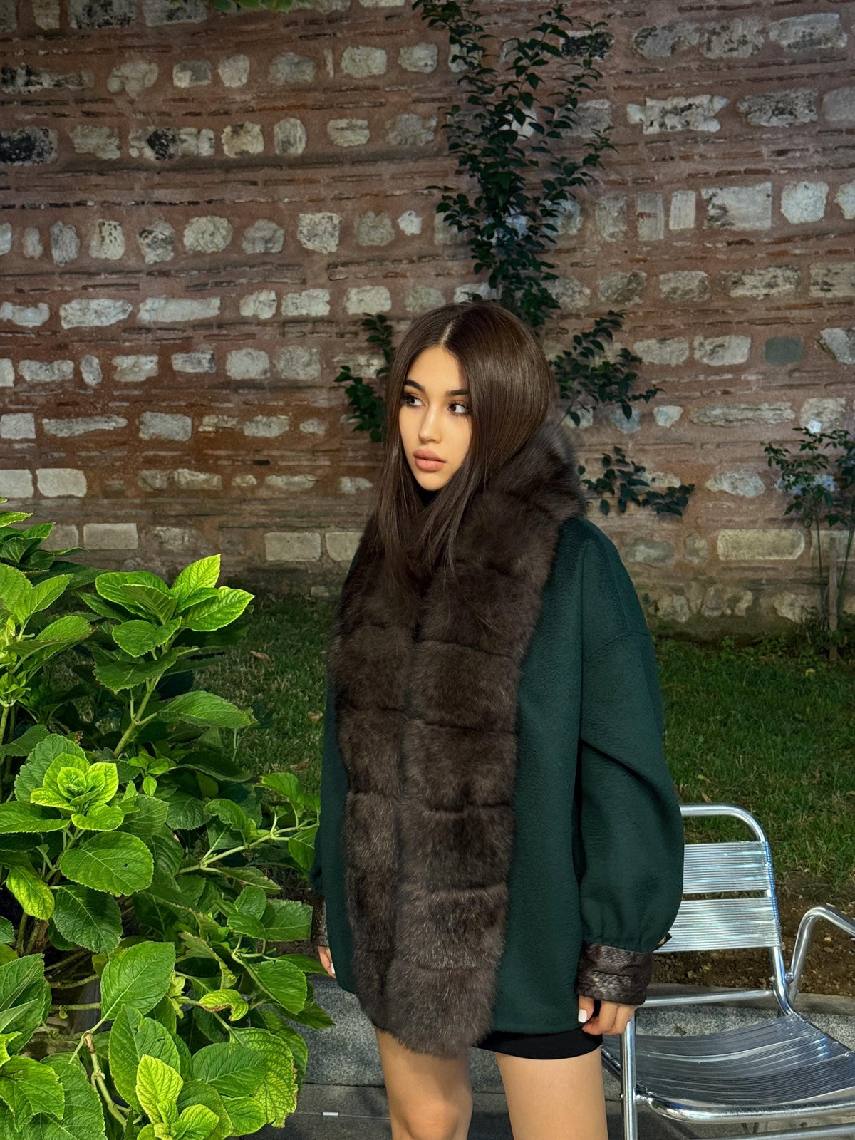Emerald Green Zibellino Alpaca Jacket, Women’s Handmade Short Virgin Wool & Front Fox Fur Coat