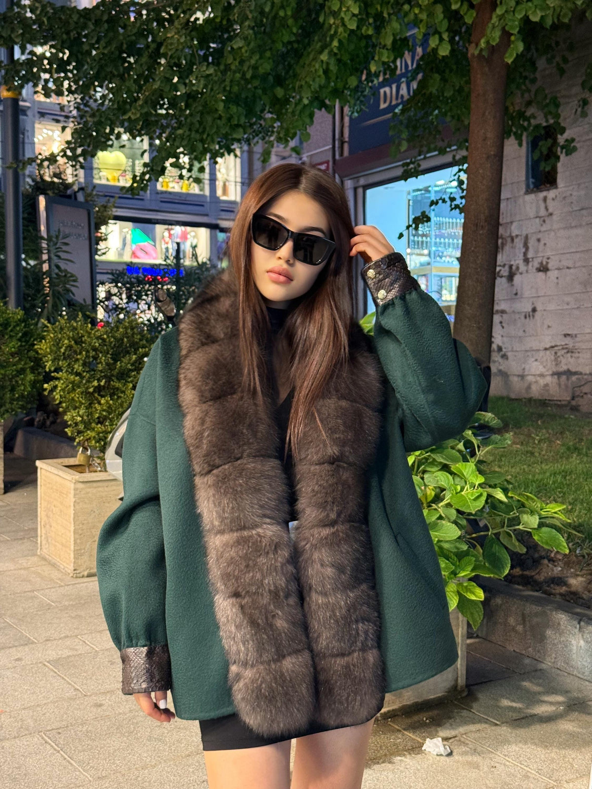 Emerald Green Zibellino Alpaca Jacket, Women’s Handmade Short Virgin Wool & Front Fox Fur Coat