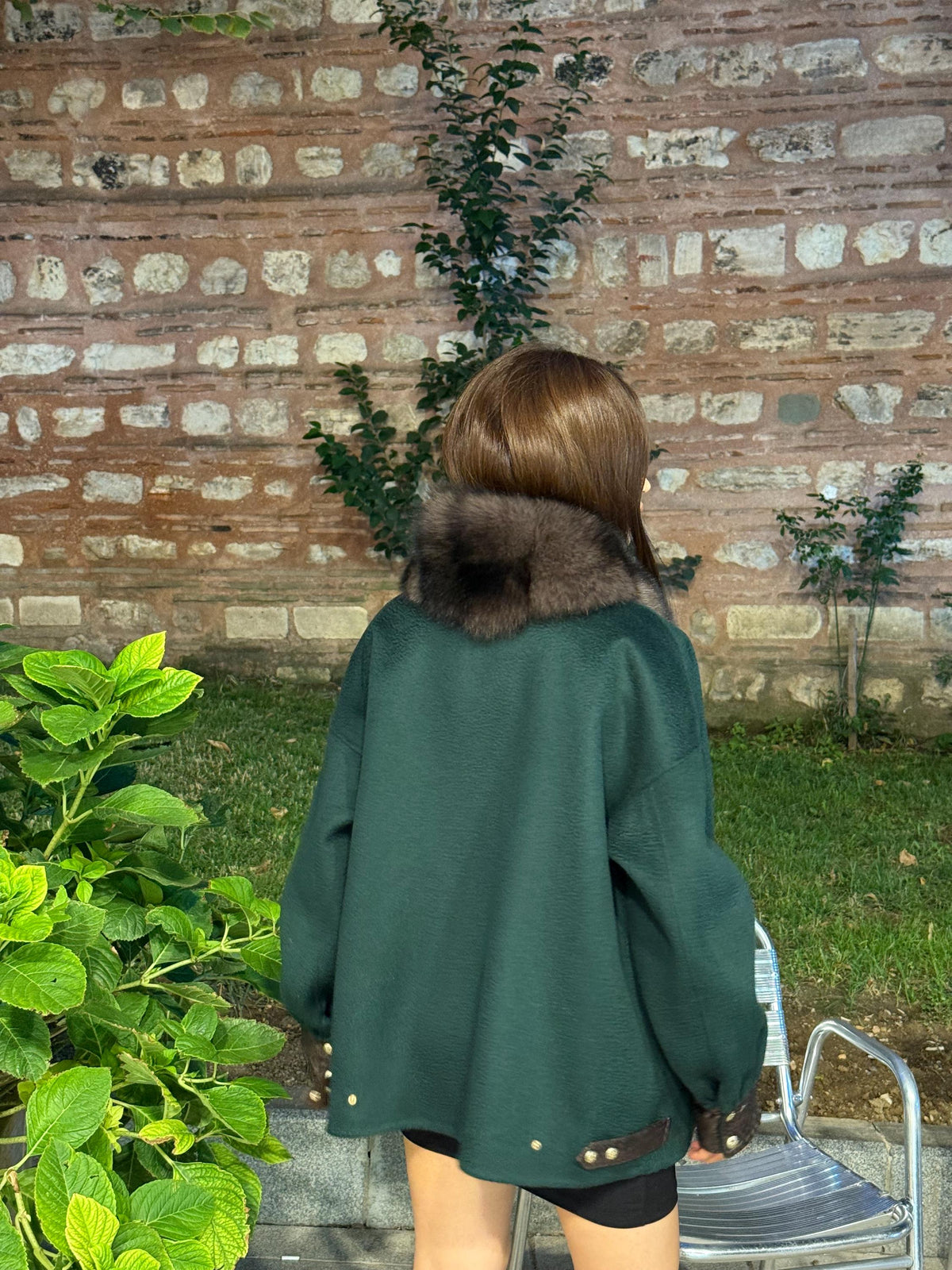 Emerald Green Zibellino Alpaca Jacket, Women’s Handmade Short Virgin Wool & Front Fox Fur Coat