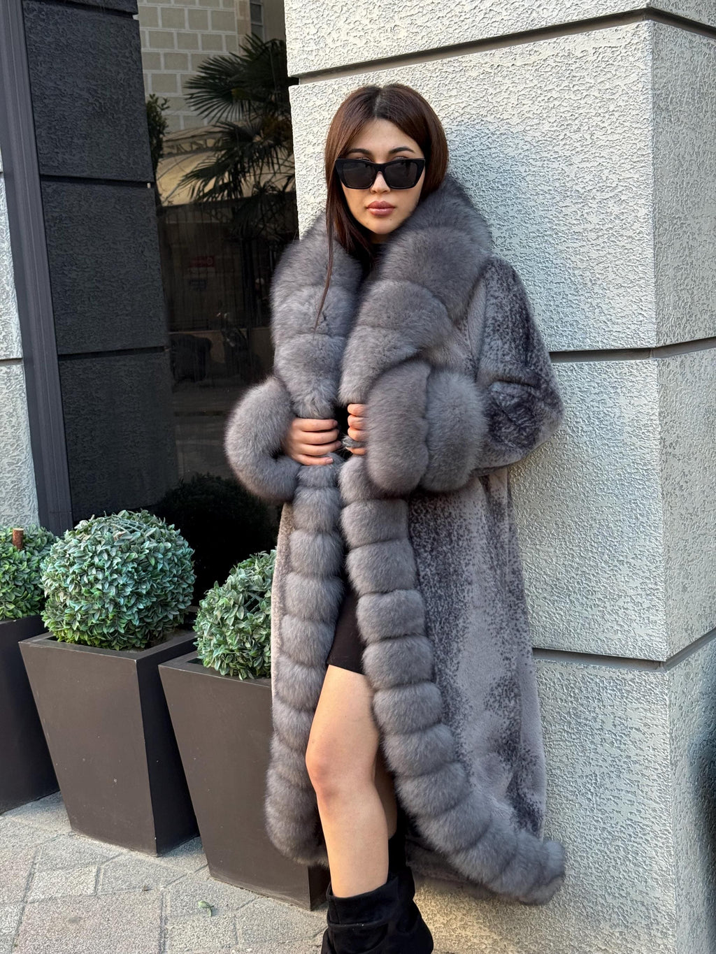 Gray Long Faux Mink Fur Coat - Front & Cuffs Genuine Fox Fur Jacket | Gray Fox Fur Coat
