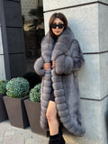 Gray Long Faux Mink Fur Coat - Front & Cuffs Genuine Fox Fur Jacket | Gray Fox Fur Coat