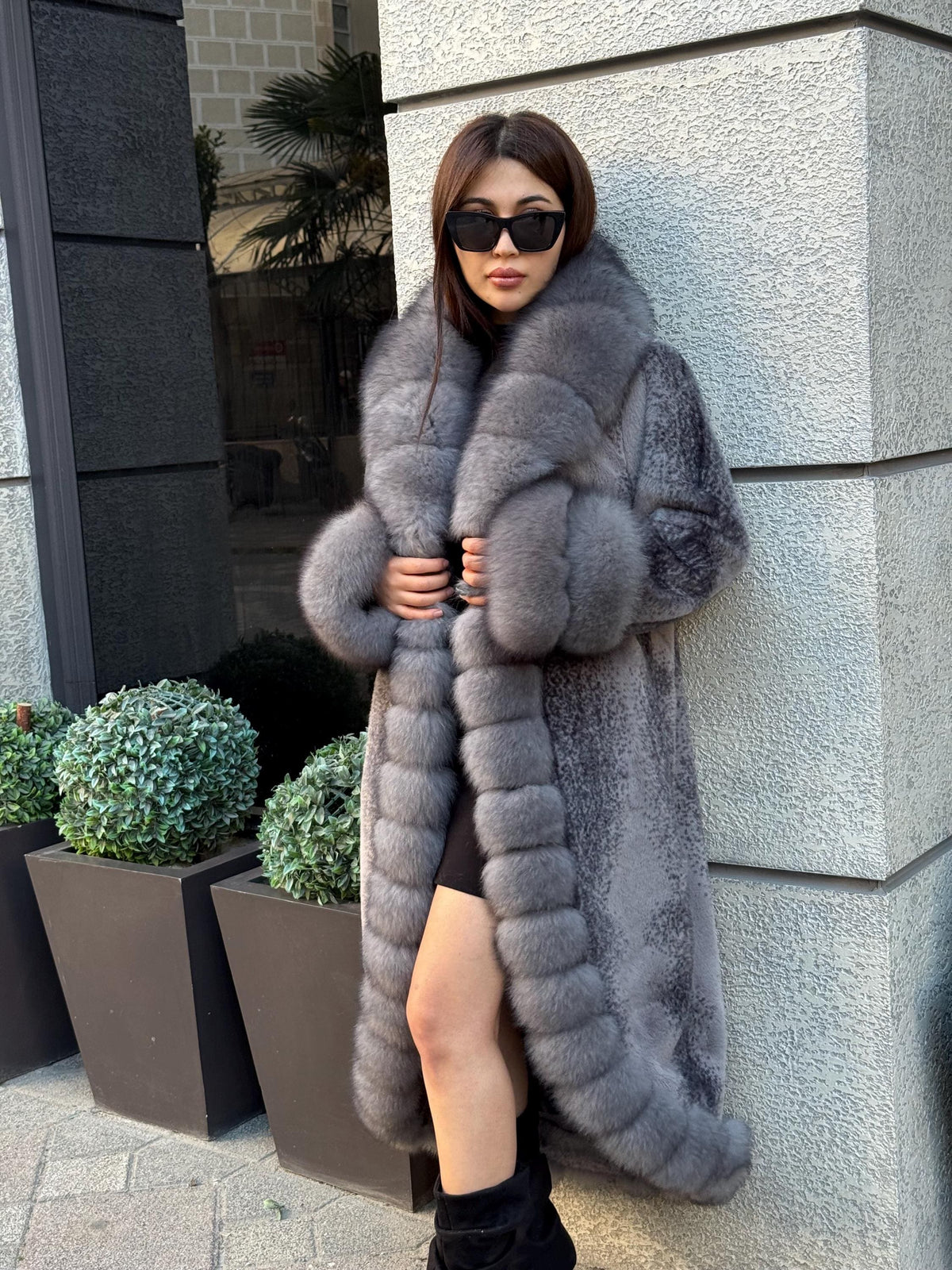 Gray Long Faux Mink Fur Coat - Front & Cuffs Genuine Fox Fur Jacket | Gray Fox Fur Coat