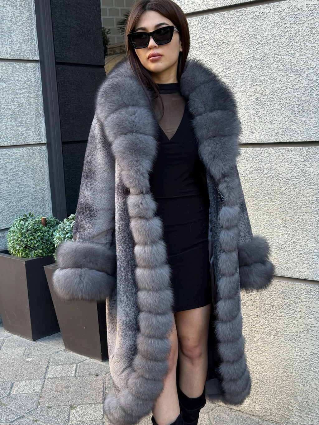 Gray Long Faux Mink Fur Coat - Front & Cuffs Genuine Fox Fur Jacket | Gray Fox Fur Coat