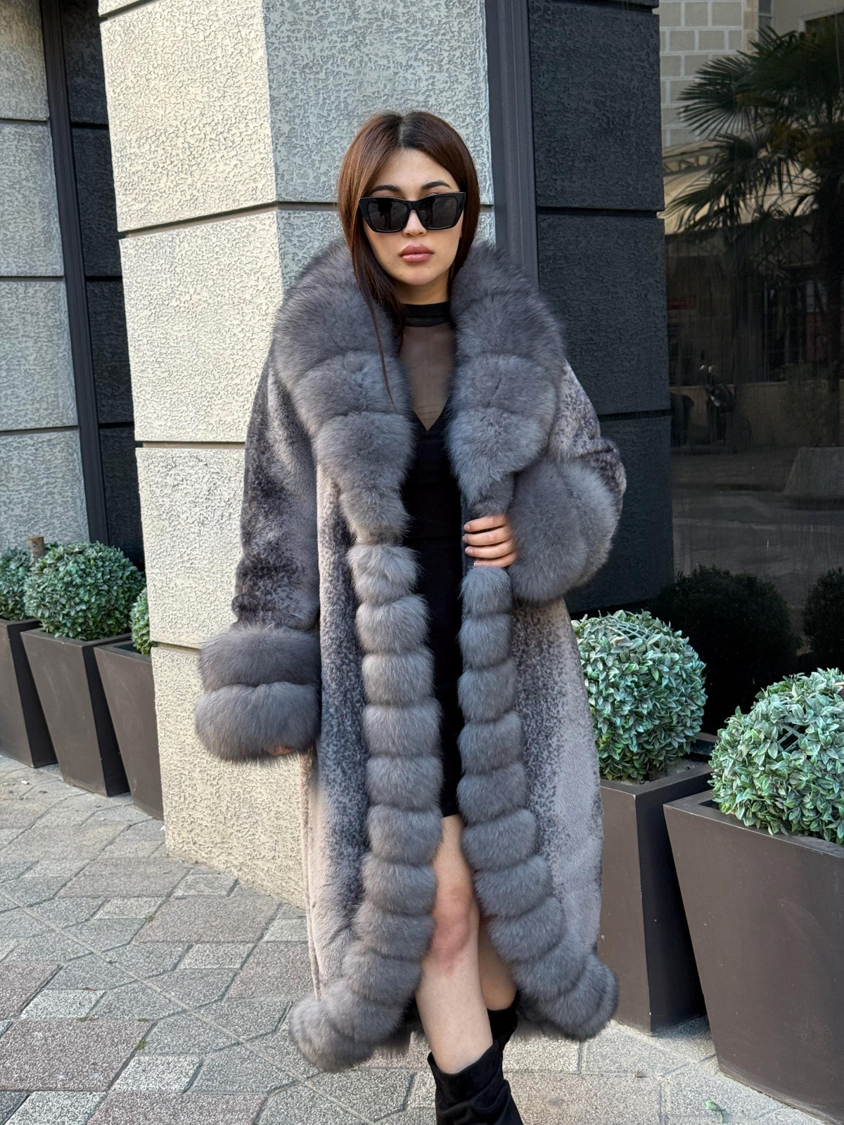 Gray Long Faux Mink Fur Coat - Front & Cuffs Genuine Fox Fur Jacket | Gray Fox Fur Coat
