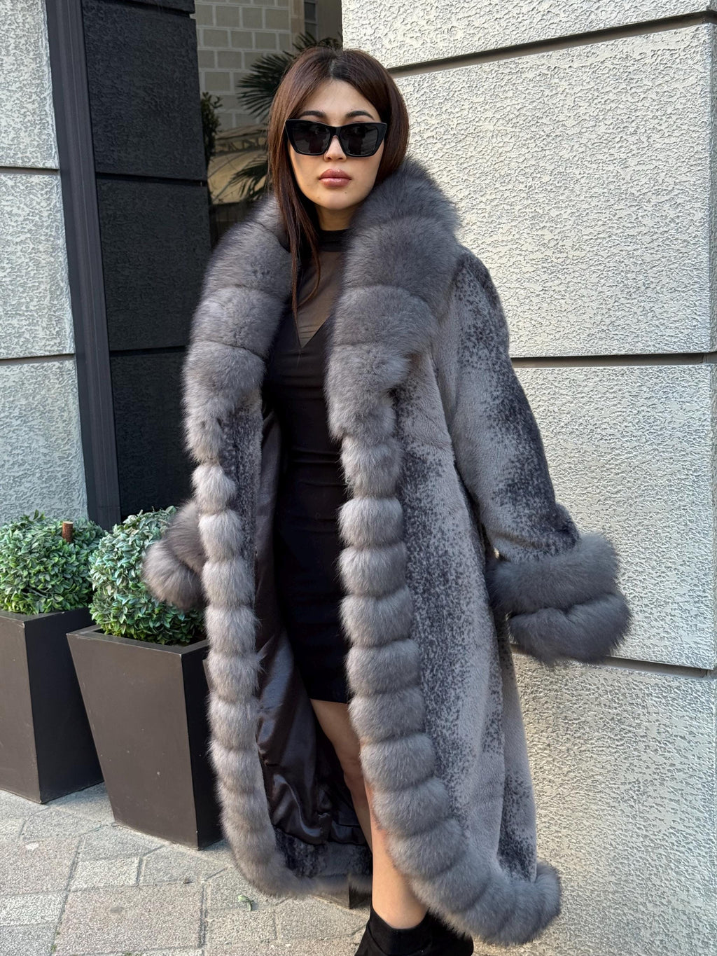 Gray Long Faux Mink Fur Coat - Front & Cuffs Genuine Fox Fur Jacket | Gray Fox Fur Coat
