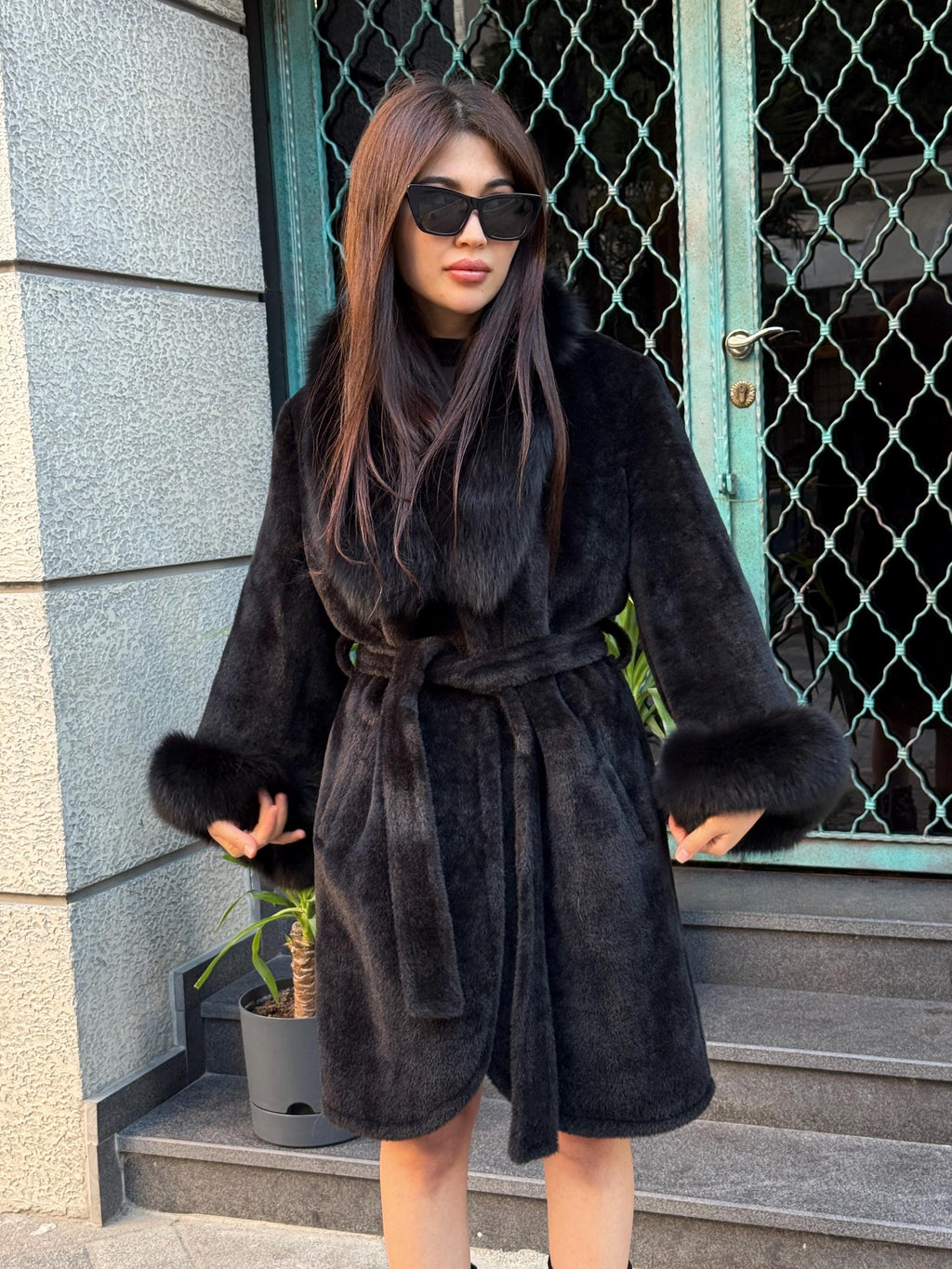 Black Alcantara Coat| Collar & Cuffs Fox Fur Jacket | Black Fox Fur Trim Coat