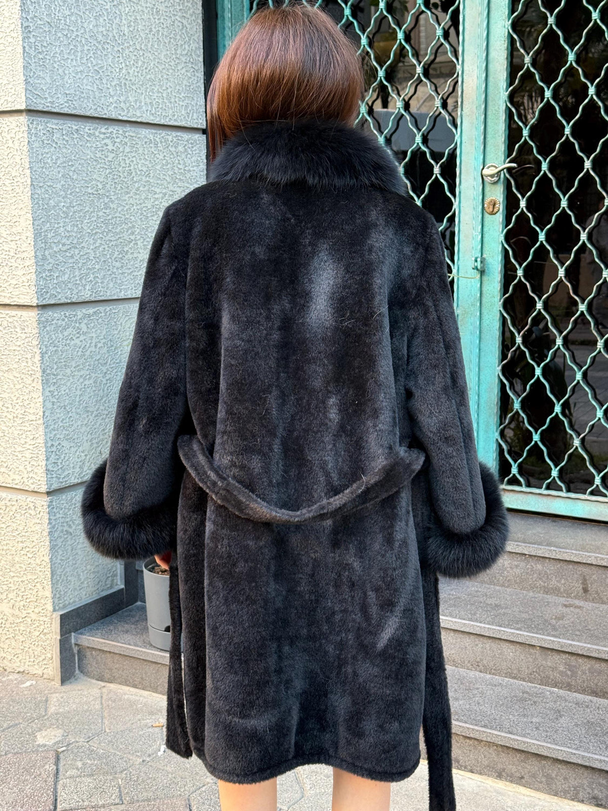 Black Alcantara Coat| Collar & Cuffs Fox Fur Jacket | Black Fox Fur Trim Coat