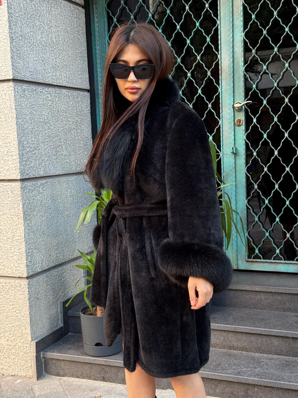Black Alcantara Coat| Collar & Cuffs Fox Fur Jacket | Black Fox Fur Trim Coat
