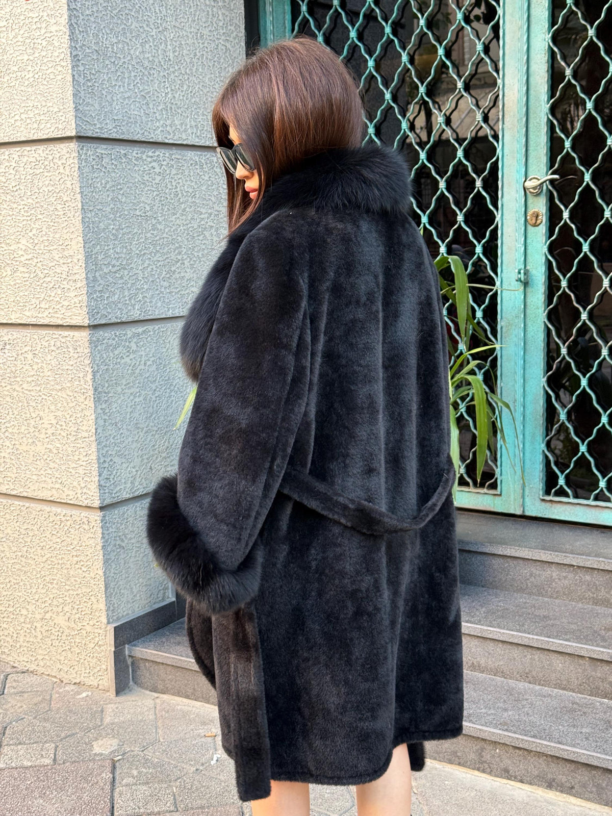 Black Alcantara Coat| Collar & Cuffs Fox Fur Jacket | Black Fox Fur Trim Coat