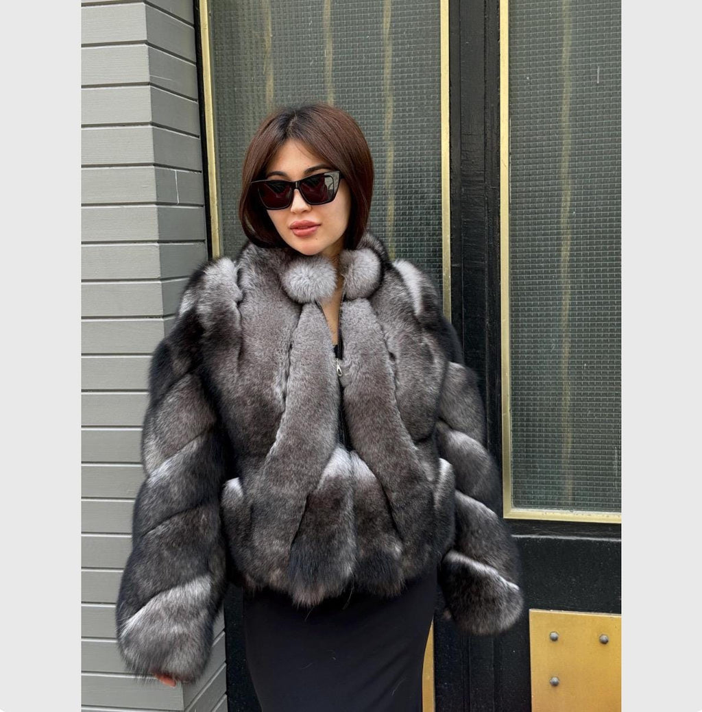Gray Fox Fur Jacket, Short Women Fox Fur Jacket. Fox Fur Coat. Casual Fox Fur Jacket