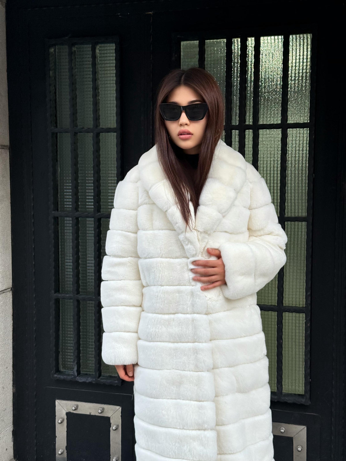 Women’s White Long Rex Fur Coat, Handmade Winter Rabbit Fur Jacket