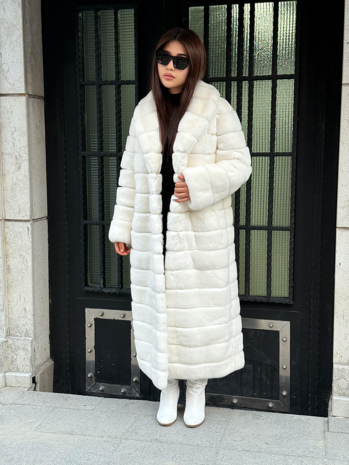 Women’s White Long Rex Fur Coat, Handmade Winter Rabbit Fur Jacket