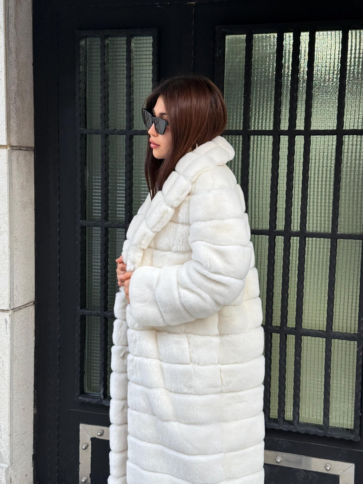 Women’s White Long Rex Fur Coat, Handmade Winter Rabbit Fur Jacket