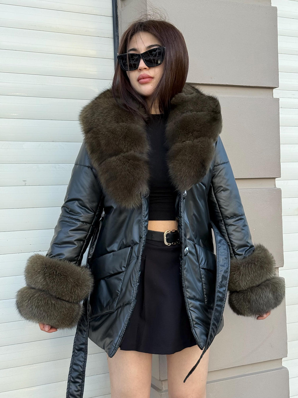 Glam Black Puffer Coat, Women’s Handmade Short Collar Cuffs Fox Fur Jacket